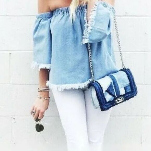 Rebecca Minkoff Love Denim Multi Blue Patchwork Chain Crossbody Shoulder Bag. - Picture 4 of 8